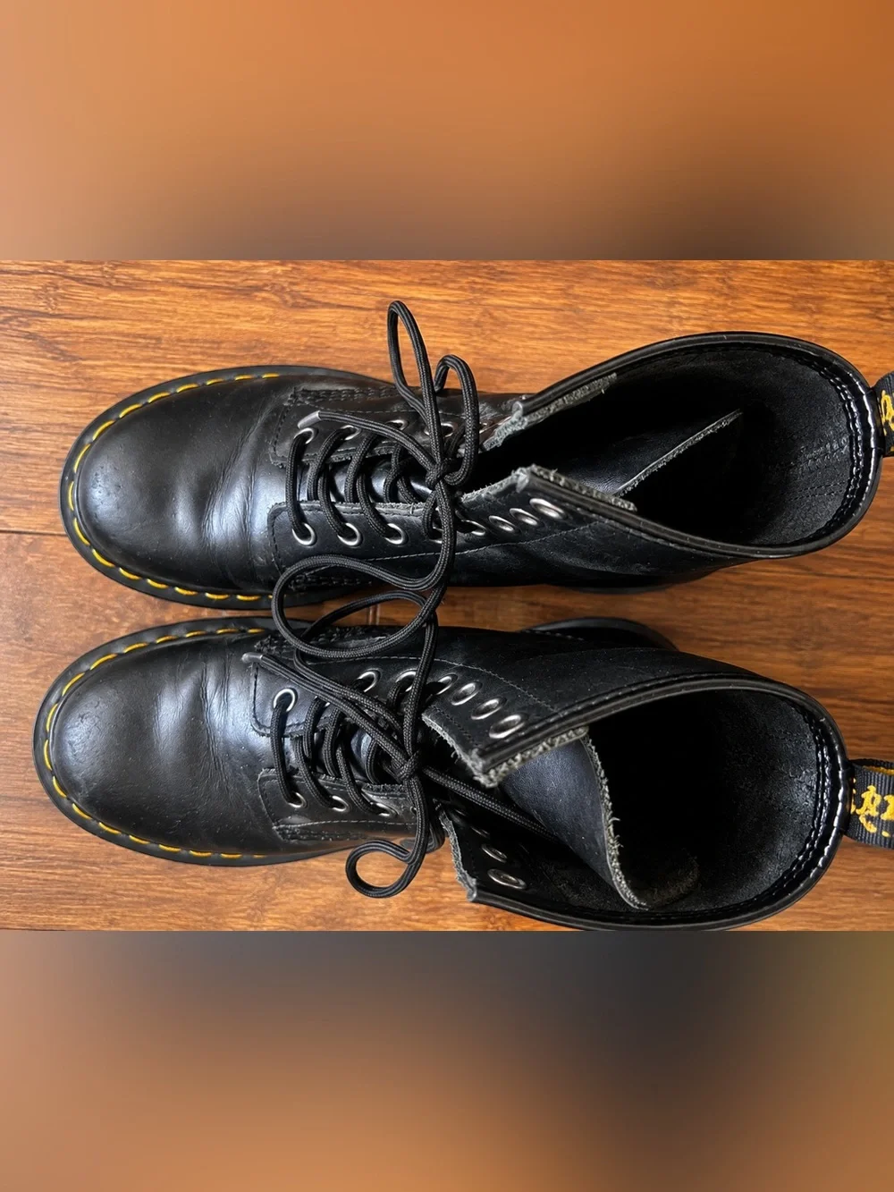 Dr. Martens Black Leather 8-Eye Lace-Up Boots with Yellow Stitching